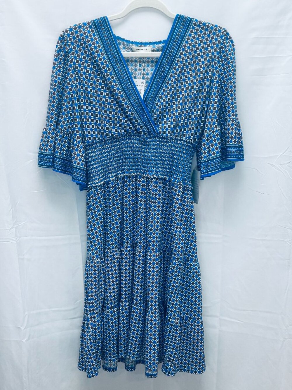 Max Studio Blue Boho Puff Sleeve Smocked Dress S Cottagecore Resort 70s Hippie